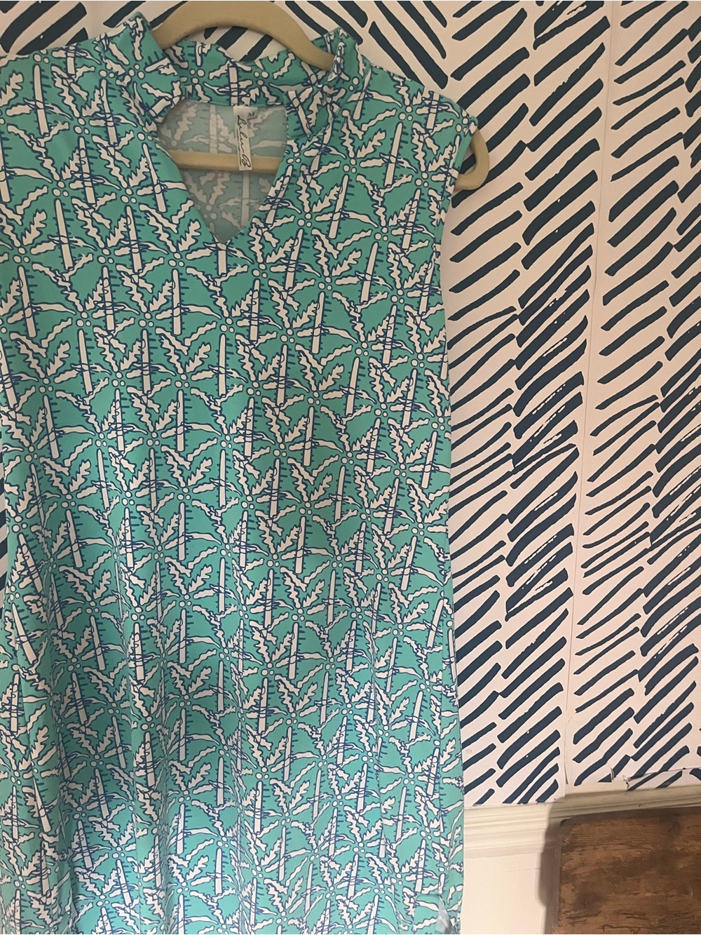 Lilian B Teal, White & Navy Palm Print Shift Dress